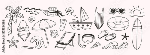Doodle beach and surf icon. Sea travel with adventure palm tree and waves, hat and flower, sailboat and swimsuit, sunglasses and sun, bikini and umbrella, shell and snorkel mask hand drawn vector set