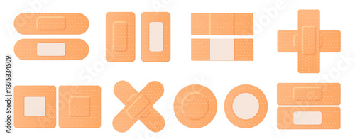 Medical bandage, realistic adhesive plaster with sterile gauze for first aid wound, surgery and skin injuries, blister, antiseptic elastic medicine beige patch. Vector isolated template