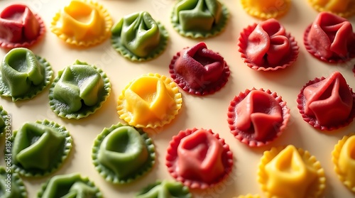 Colorful Tortellini Assortment Flat Lay, Spinach Beetroot and Classic Pasta, Modern Food Photography
