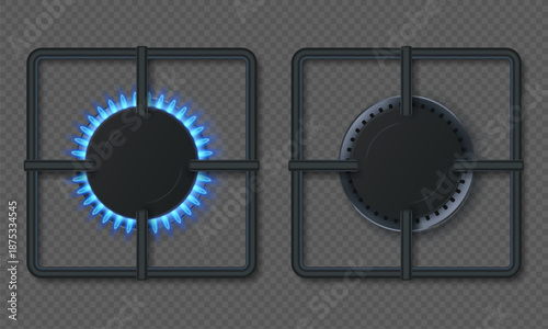 Gas burner with blue flames. Realistic 3D top view hob for kitchen stove. Vector cooker with ignited propane natural gas rings, cooktop mockups isolated
