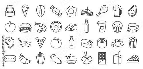 Food and drink line icon set. Fast food, sweets and pizza, hot dogs and burgers, beer and juice, French fries and sushi, popcorn and tacos, seafood and coffee, snacks. Meal minimalist vector logo