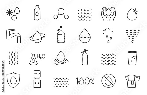 Water drops line icon set. Outline sea ocean wave and faucet, bottle and filter, liquid and pure water purification, raindrop and snowflake symbols. Simple stroke editable vector isolated set