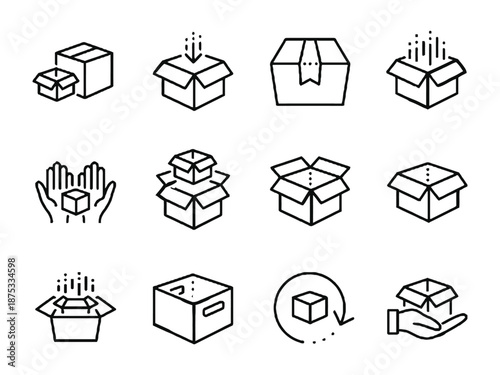 Open Box Icon Set in Hand Drawn Style. Package and Delivery Box Outline Icons