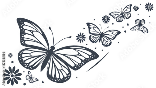 Butterflies and flowers flying together in harmony