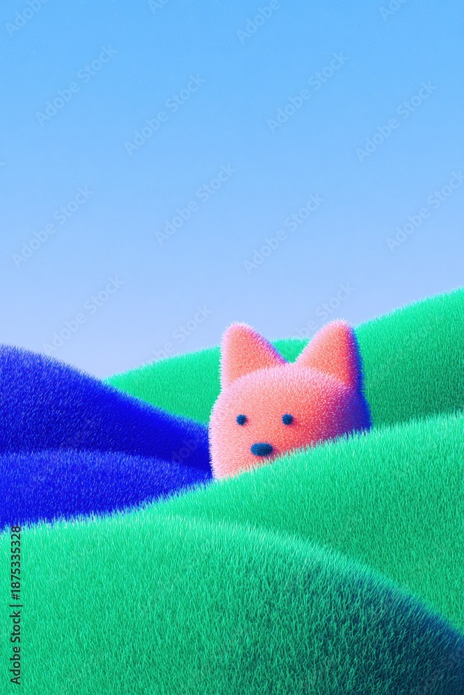 Obraz premium Top-down view of a cute red plush fox peeking out of a green fluffy grass meadow, minimalist 3D textile art background