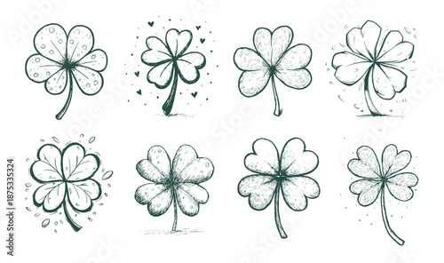 Lucky four, three clover shamrock leaf, hand drawn	
