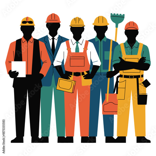 Diverse construction workers and engineers in teamwork at modern site