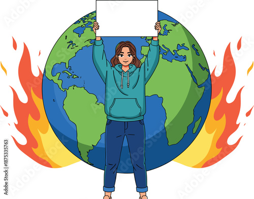 Female, activist, holding, blank, sign, in, front, of, burning, earth, globe, climate, change, global, warming, protest, environment, vector, illustration, ecological, crisis, save