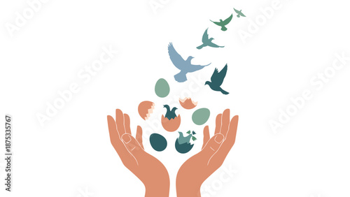 Hands releasing birds and eggs into the air symbolizing freedom and new beginnings, Generative AI.