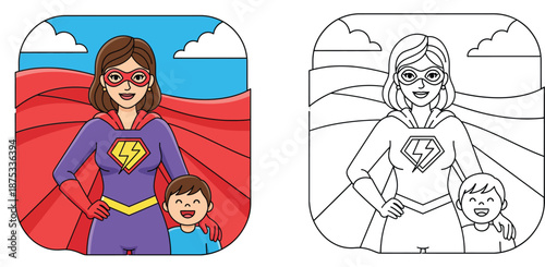 Superhero Mother and Son Illustration and Coloring Page Set - Strong Hero Mom with Child in Cape and Mask for Kids Activity, Parenting and Empowerment Concept Vector Graphic