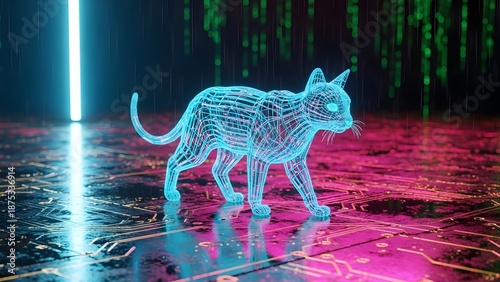 A neon cat sculpture stands on a reflective surface with vibrant pink and green lights in the background