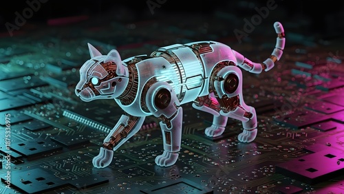 A futuristic robotic cat walks on a neon-lit metallic floor in a dark environment from a low angle viewpoint