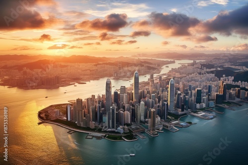 Hong kong central business district and kowloon peninsula skyline during sunset over victoria harbour