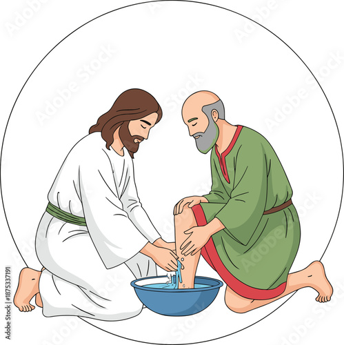 Jesus, Christ, washing, the, feet, of, a, disciple, apostle, biblical, scene, humble, service, humility, Christian, religious, vector, illustration, faith, gospel, teaching, love