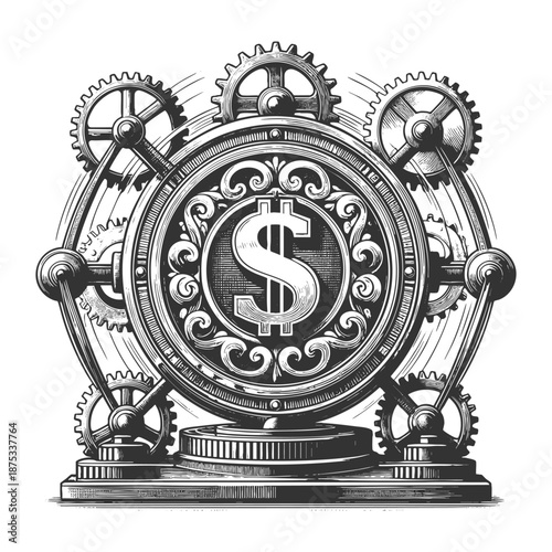 decorative dollar sign surrounded by ornate gears and cogs, blending finance with steampunk aesthetics sketch engraving generative ai vector illustration. Scratch board imitation. Black and white.