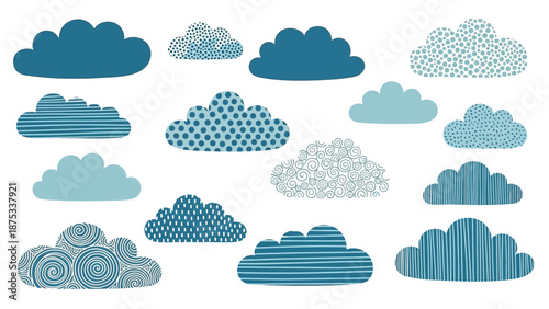 Collection of diverse blue and teal decorative cloud illustrations featuring various playful patterns