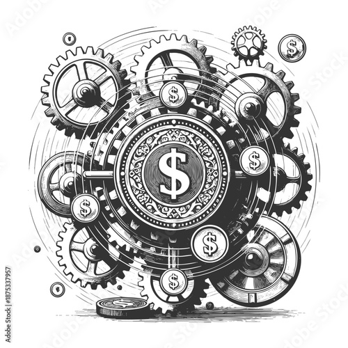 decorative dollar sign surrounded by ornate gears and cogs, blending finance with steampunk aesthetics sketch engraving generative ai vector illustration. Scratch board imitation. Black and white.