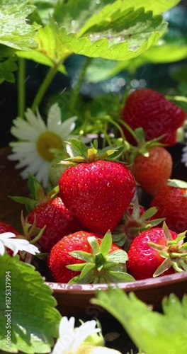 Ripe red strawberries during summer rain