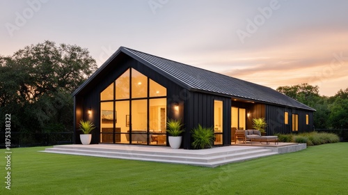 Wallpaper Mural Modern black Barndominium exterior with metal roof and large glass windows in rustic farmhouse contemporary design Torontodigital.ca