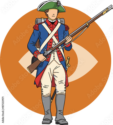 Revolutionary French soldier illustration, historical military uniform, eighteenth century infantry man, vintage colonial warrior, hand drawn soldier holding musket, antique army infantry character.