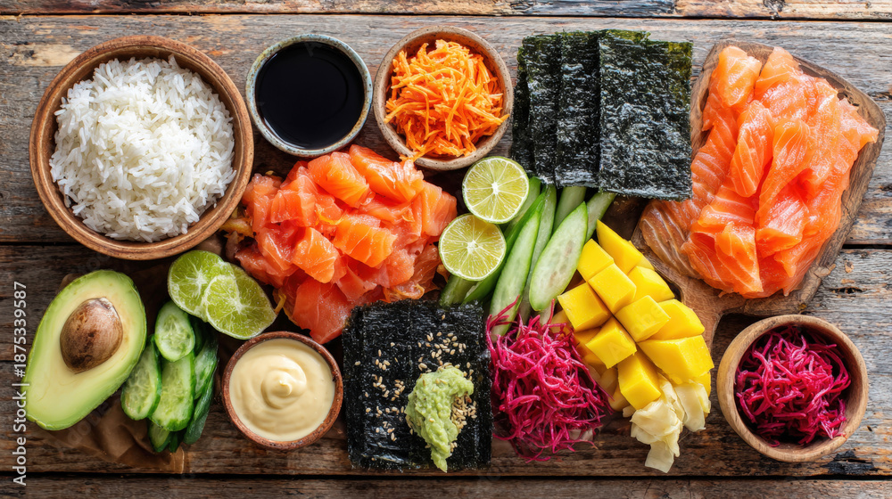 Obraz premium Colorful overhead view of fresh sushi ingredients including salmon, avocado, mango, and rice on wood. Perfect for healthy eating, Japanese food culture, seafood recipes, and poke bowl promotions