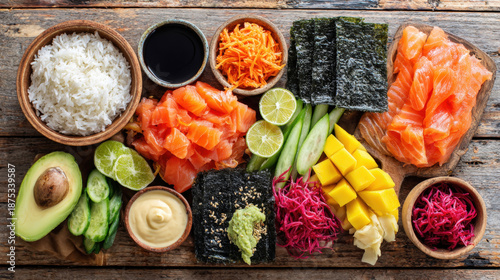 Colorful overhead view of fresh sushi ingredients including salmon, avocado, mango, and rice on wood. Perfect for healthy eating, Japanese food culture, seafood recipes, and poke bowl promotions © valeo5