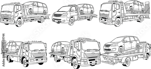 Set of vector sketches showing tow trucks carrying cars, black and white outline illustrations of roadside assistance vehicles on a white background.