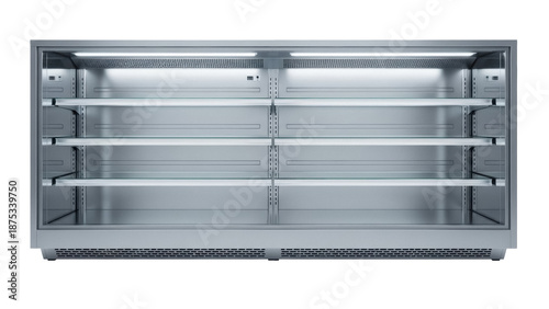 Quadro su tela Commercial refrigerator with glass shelves isolated PNG, stainless steel display