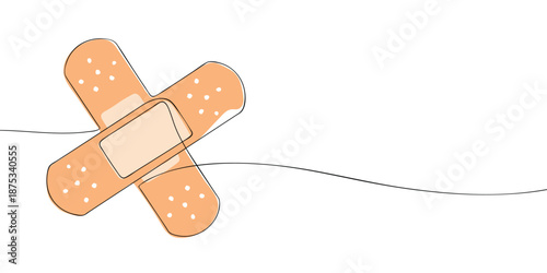 Minimal line art illustration of two crossed adhesive bandages with central pads, symbolizing first aid, wound care, and medical protection.