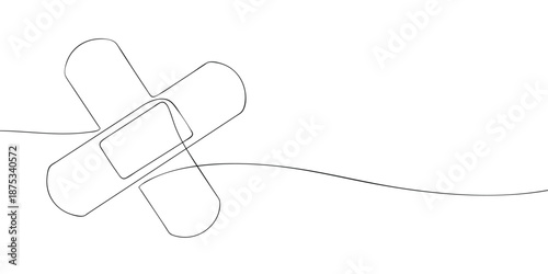 A minimal line art illustration of crossed adhesive bandages, symbolizing first aid, wound care, and basic medical treatment.