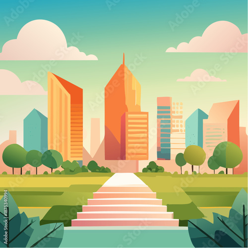 Modern Cityscape with Staircase Leading to Skyscrapers and Park