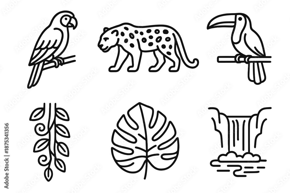 Obraz premium Tropical Wildlife Icons. Wildlife rainforest set in outline vector style: parrot, jaguar, toucan, vine, tropical leaf, waterfall