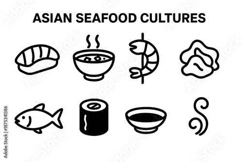 Asian Seafood Icons. Asian Seafood Cultures set in outline vector style: sushi slice, miso bowl, shrimp skewer, ginger garnish, fish silhouette, seaweed roll, soy dish, steam curl