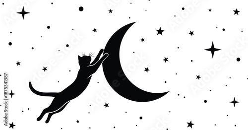 Vector illustration of black cat silhouette jumping to catch crescent moon and stars in night sky isolated on white background, playful dream.