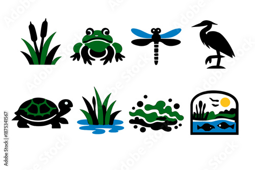 River Ecosystem Icons. River ecosystems icon set in silhouette bold style. Contain cattails, frog, dragonfly, heron silhouette, turtle, wetland plant, algae patch, habitat icon