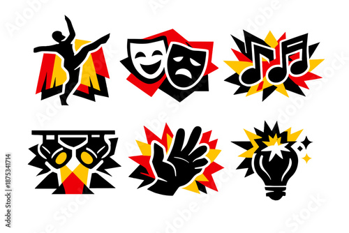 Bold Artistic Icons. Artistic show icon set in silhouette bold style. Contain dancer pose, theater mask, music notes, stage lights, expressive gesture, creative spark