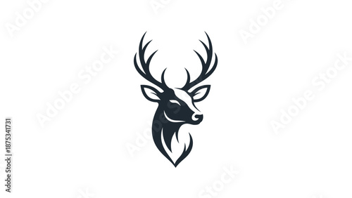 Majestic Deer Head Silhouette with Antlers on White Background.