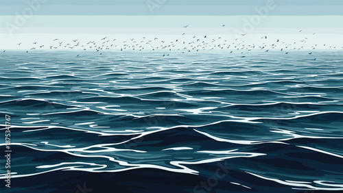 Vector illustration of deep blue ocean waves with white foam, a large flock of flying seagulls, and a pale cloudy sky horizon.