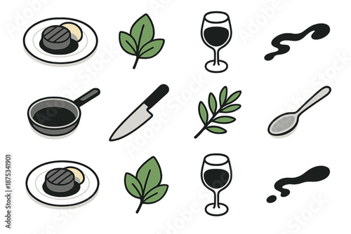 Fine Cuisine Icons. Fine cuisine elements set in isometric flat vector : plated entrée shape, garnish leaf, wine glass silhouette, sauce drizzle motif, sauté pan, chef knife, herb sprig, tasting spoon