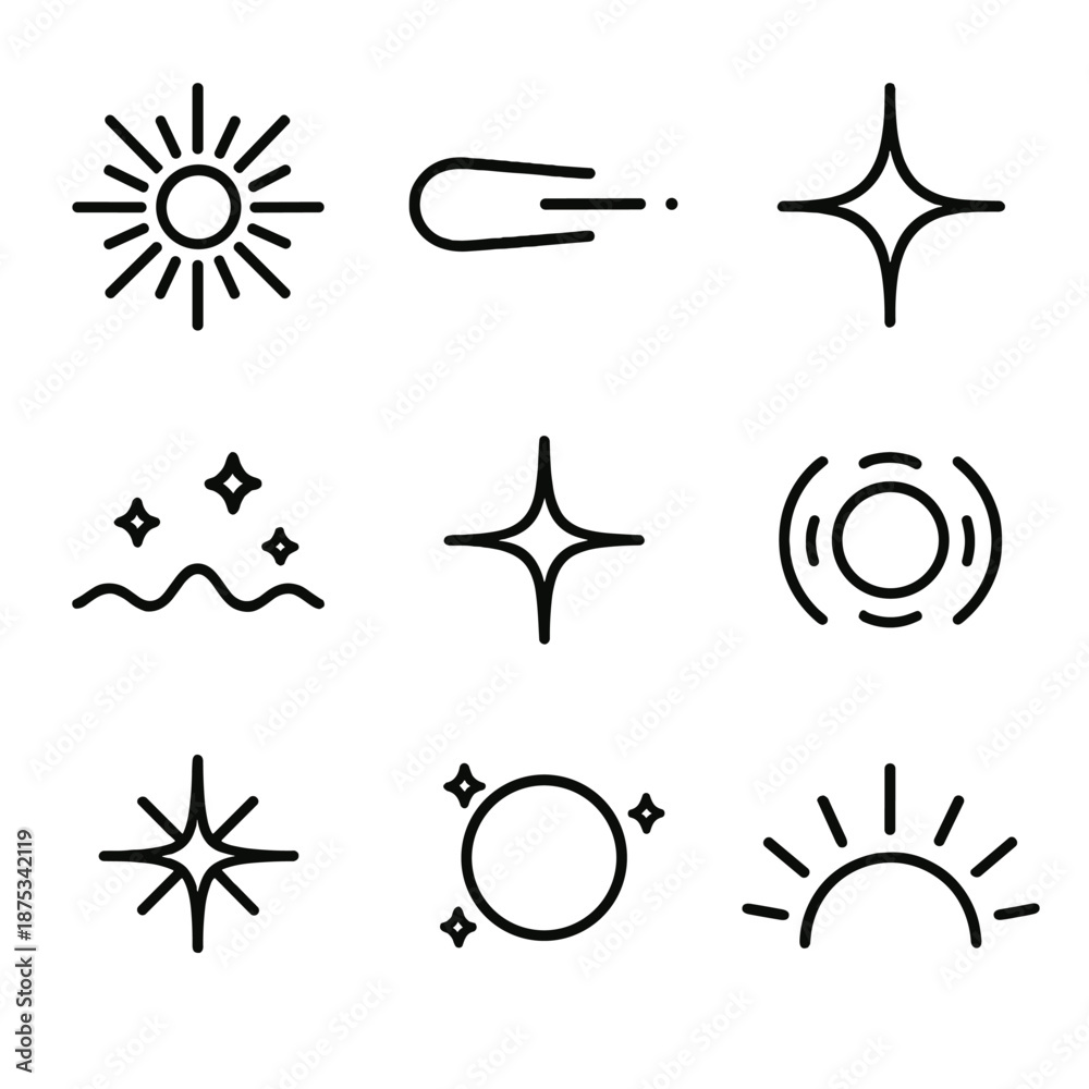 Fototapeta premium Luminous Icon Glow. Luminous Glow set in outline vector style : radiant burst, soft beam, shining dot, gentle flare, light ripple, warm shimmer, glowing ring, brilliance arc