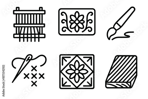 Artistic Pattern Icons. Cultural Patterns craft set in outline vector style: loom threads, carved block, painted stroke, embroidered stitch, patterned tile, etched line