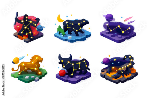 Isometric Constellation Icons. Constellations set in isometric flat vector : Orion, Ursa Major, Cassiopeia, Leo, Taurus, Scorpius