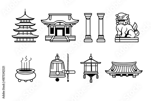 Pagoda Temple Icons. Templeset in outline vector style pagoda, temple entrance, pillar, statue, incense, bell, lantern, roof
