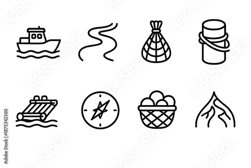 River Trade Icons. River trade systemsset in outline vector style riverboat, winding river path, fishing net bundle, dock post, timber raft, water compass, basket of goods, river delta icon