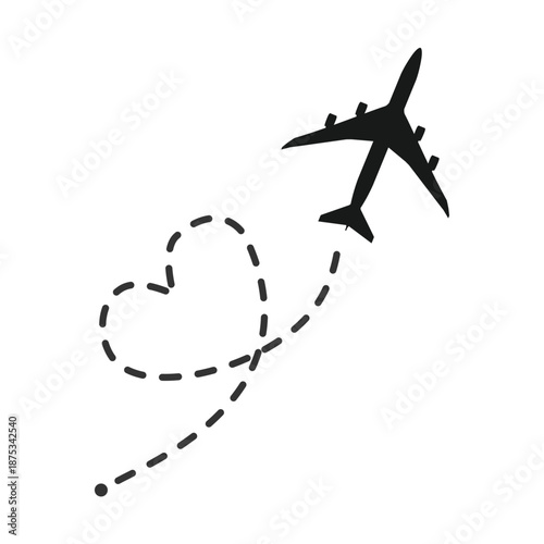 Airplane with a line heart flight path. Air plane flight route with start point and dash line trace. Valentines day. Honeymoon