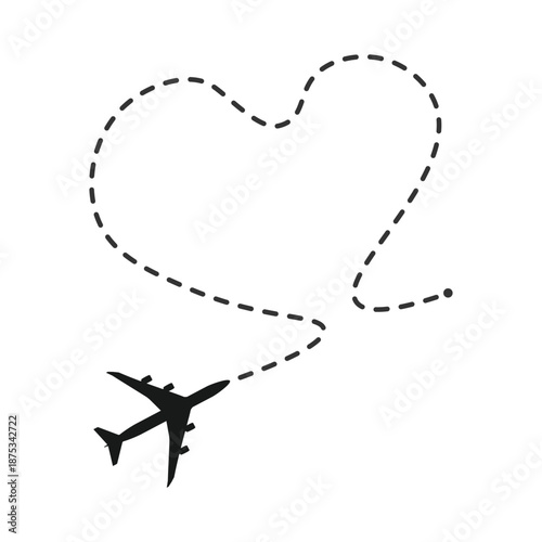 Airplane with a line heart flight path. Air plane flight route with start point and dash line trace. Valentines day. Honeymoon
