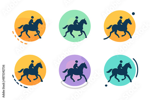 Minimal Canter Icons. Trail Canter Minimal Ride vector set in modern flat style : simple canter curve, soft gradient orb, subtle path dash, muted motion ring, clean arc line, direction dot