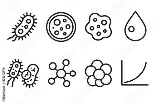 Microbial Ecology Icons. Microbial Ecology set in outline vector style: microbe shape, petri dish, bacterial colony, nutrient droplet, symbiosis link, micro network, cell cluster, growth curve