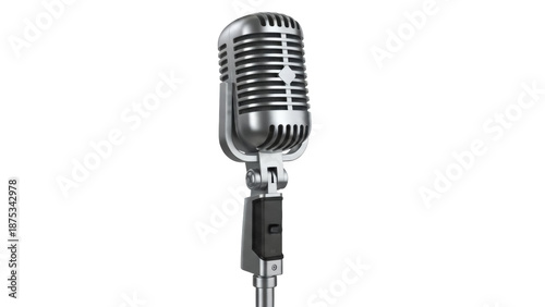 Silver vintage microphone PNG isolated on transparent background, retro recording equipment for music and broadcasting