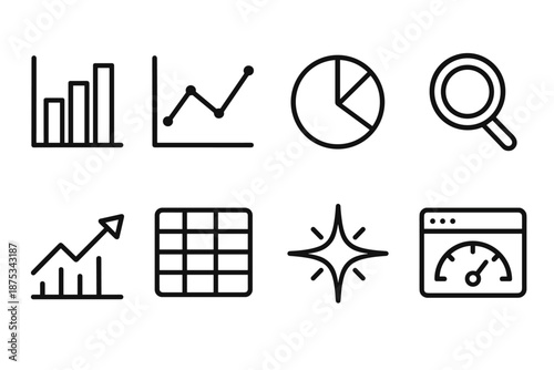 Data Analysis Icons. Data Analysis set in outline vector style: bar chart, line graph, pie chart, magnifying glass, trend arrow, data table, analytics spark, dashboard icon
